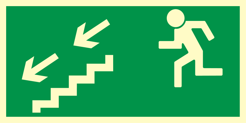 Kierunek do wyjścia drogi ewakuacyjnej schodami w dół (w lewo)