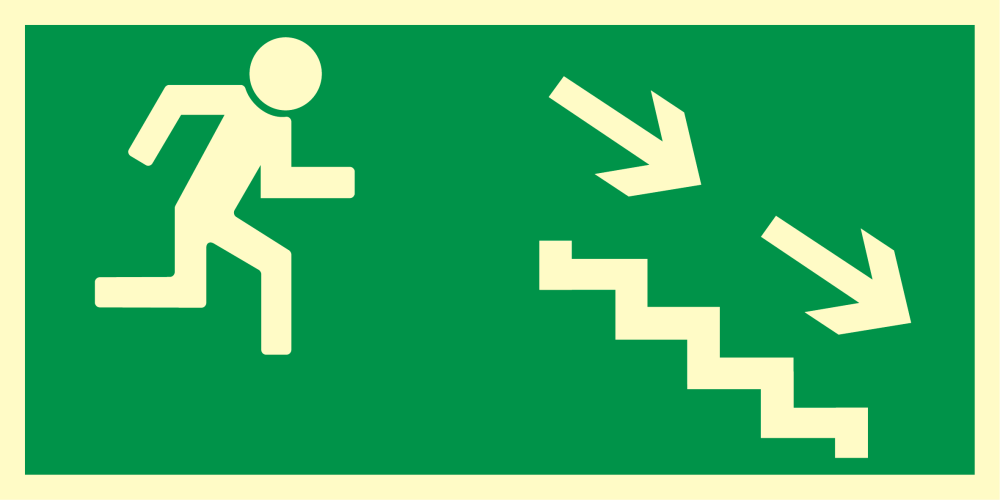 Kierunek do wyjścia drogi ewakuacyjnej schodami w dół (w prawo)
