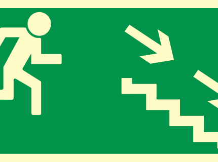 Kierunek do wyjścia drogi ewakuacyjnej schodami w dół (w prawo)