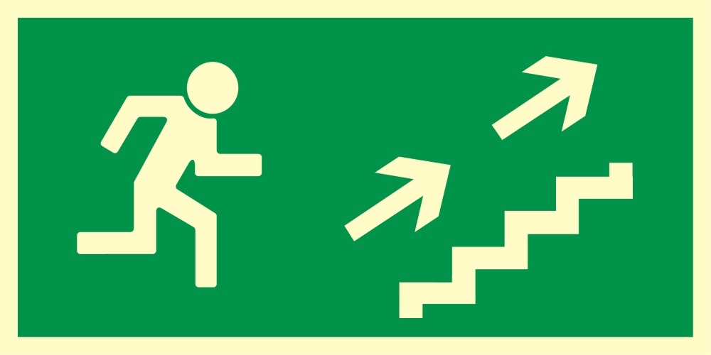 Kierunek do wyjścia drogi ewakuacyjnej schodami w górę (w prawo)