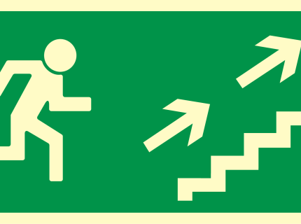 Kierunek do wyjścia drogi ewakuacyjnej schodami w górę (w prawo)